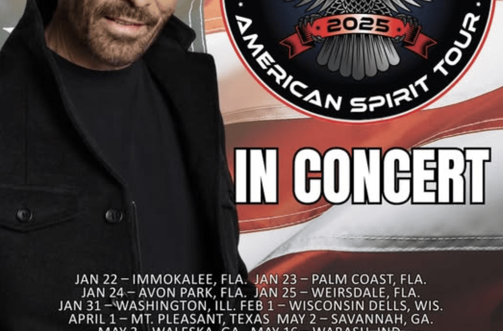 A promotional poster for "Lee Greenwood American Spirit Tour " featuring a man in a black shirt A list of concert dates and locations is displayed, along with achievements like CMA, ACM, and Grammy awards An eagle logo is featured at the top